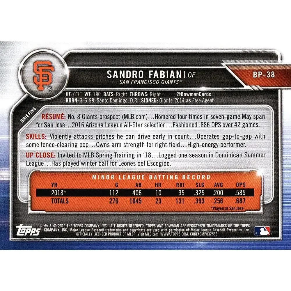 2019 Bowman Prospects Sandro Fabian #BP-38 San Francisco Giants